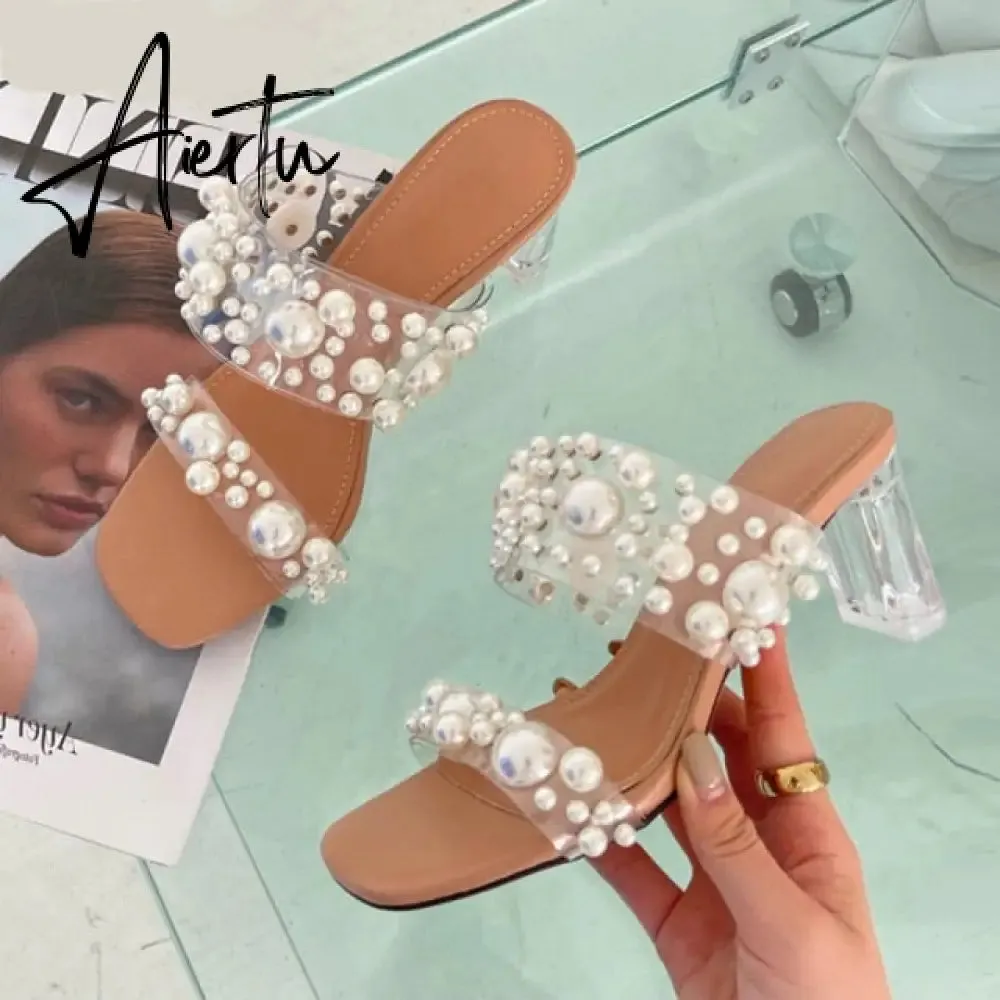 Aiertu New Transparent PVC String Bead Shoes Woman Fashion Open Toe Slippers Crystal Perspex Heels Slides Beach Sandale Femme